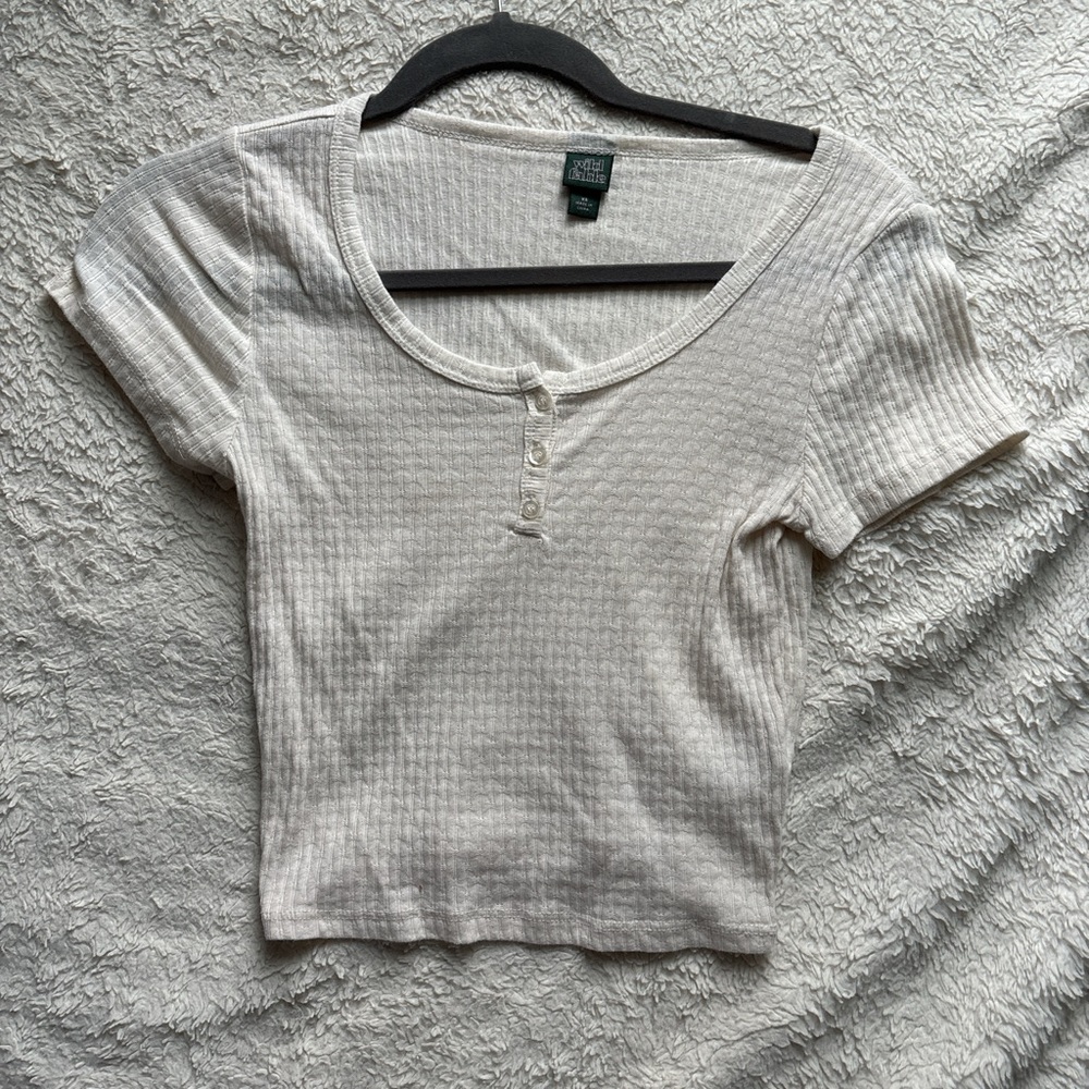 White Ribbed Crop T-Shirt with Button Detail